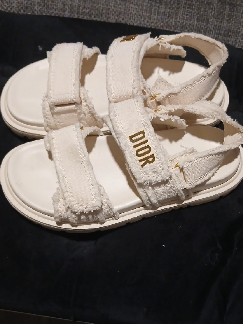 Christian Dior Dioract Sandals – Ivory Canvas – Gold Logo - Picture 3 of 12